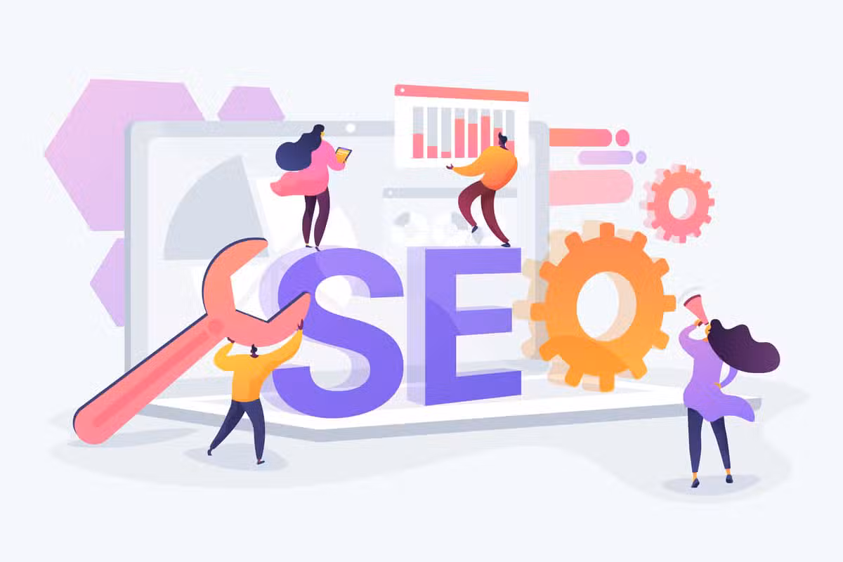 Illustration représentant le référencement SEO avec des personnages travaillant autour d'un ordinateur, d'une roue crantée et d'une clé