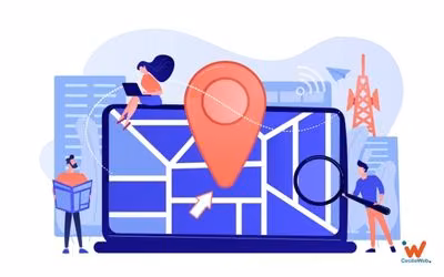 Illustration de l'optimisation du référencement SEO local, avec une carte, un ordinateur portable et une loupe, pour les commerces en Bretagne