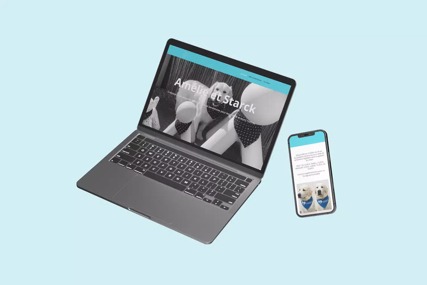 Site internet réalisé pour une boutique d'accessoires artisanaux pour chiens, affiché sur ordinateur portable et smartphone, exemple de réalisation dans le Morbihan