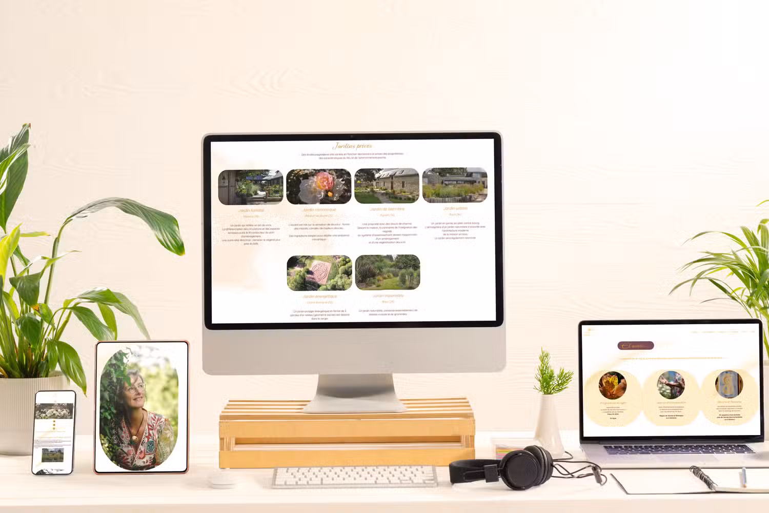 Site internet réalisé pour une architecte paysagiste, affiché sur ordinateur, tablette et smartphone, exemple de réalisation dans le Morbihan