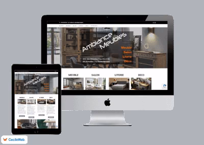 Site internet réalisé pour un magasin de meubles, affiché sur ordinateur et tablette, exemple de réalisation dans le Morbihan